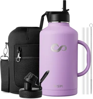 64oz Insulated Water Bottle with Handle, INSPI Half Gallon Stainless Steel Water Bottles, Travel Flask with Straw Spout Lid and Carry Pouch, Mug Tumbler Cup, Keep Cold Hot, Purple
