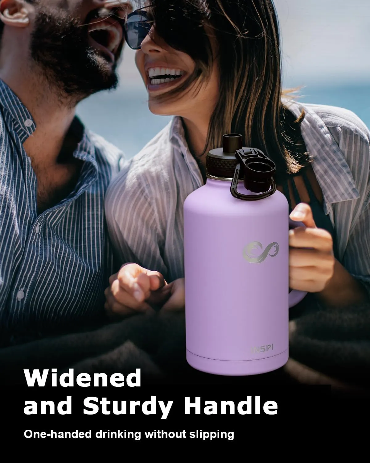 64oz Insulated Water Bottle with Handle, INSPI Half Gallon Stainless Steel Water Bottles, Travel Flask with Straw Spout Lid and Carry Pouch, Mug Tumbler Cup, Keep Cold Hot, Purple