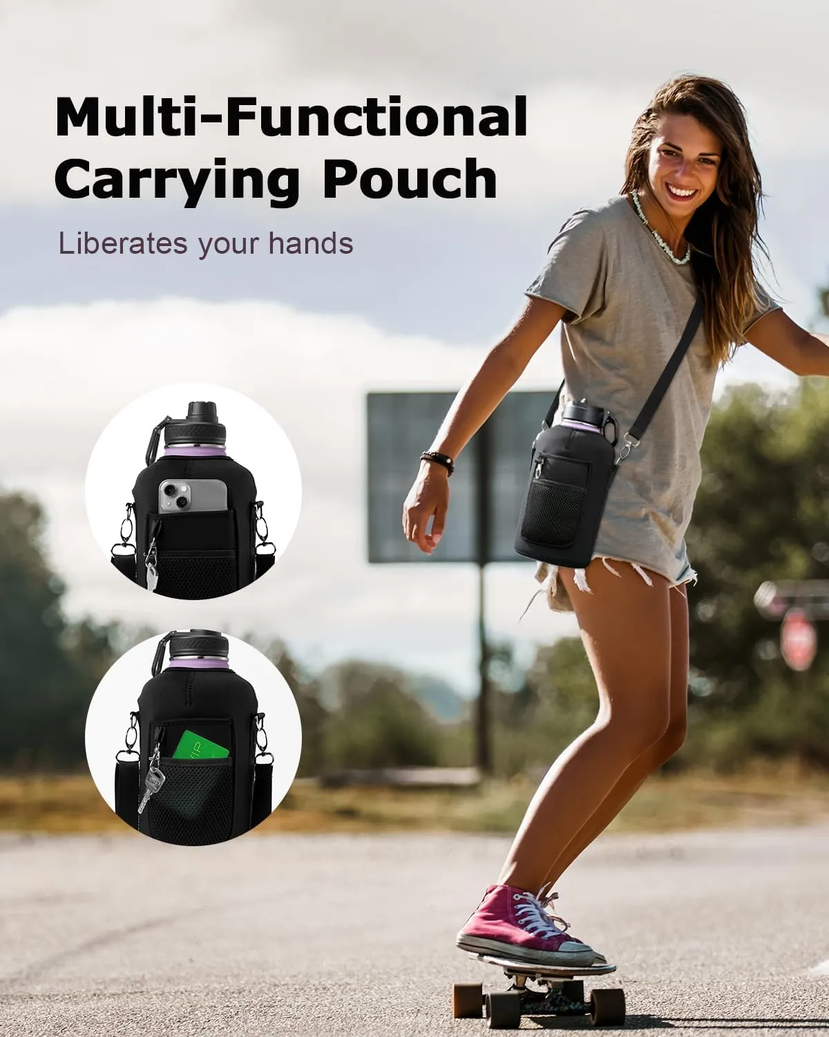64oz Insulated Water Bottle with Handle, INSPI Half Gallon Stainless Steel Water Bottles, Travel Flask with Straw Spout Lid and Carry Pouch, Mug Tumbler Cup, Keep Cold Hot, Purple