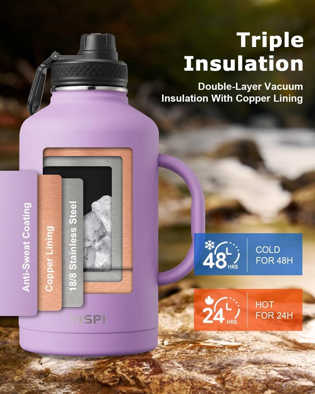 64oz Insulated Water Bottle with Handle, INSPI Half Gallon Stainless Steel Water Bottles, Travel Flask with Straw Spout Lid and Carry Pouch, Mug Tumbler Cup, Keep Cold Hot, Purple