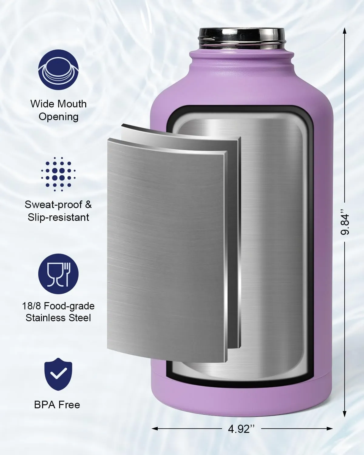 64oz Insulated Water Bottle with Paracord Handle, INSPI Half Gallon Stainless Steel Water Bottle with Straw, Sports Water Jug with Carry Pouch and Carabiner for School & Hiking, Keep Cold Hot, Purple