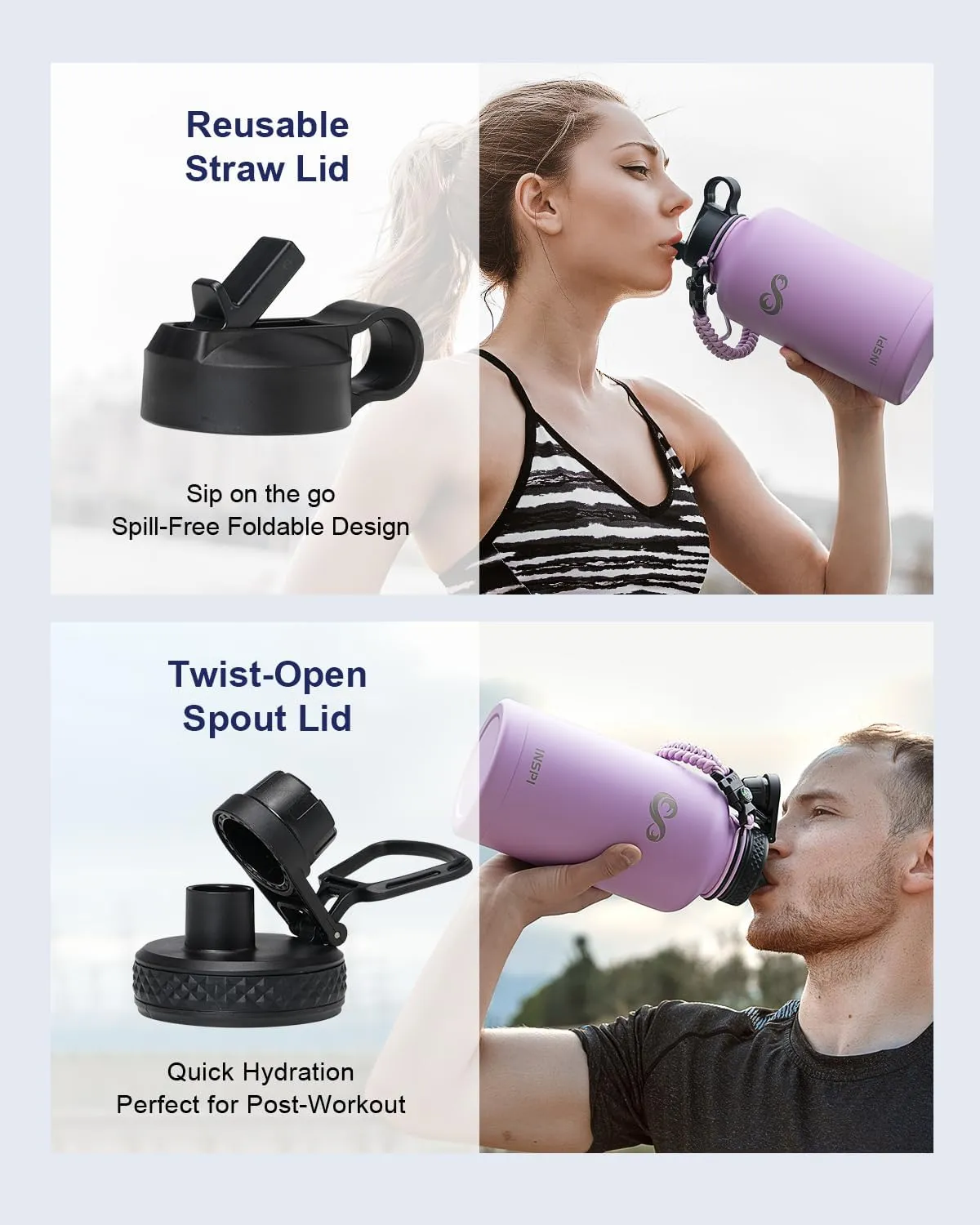 64oz Insulated Water Bottle with Paracord Handle, INSPI Half Gallon Stainless Steel Water Bottle with Straw, Sports Water Jug with Carry Pouch and Carabiner for School & Hiking, Keep Cold Hot, Purple