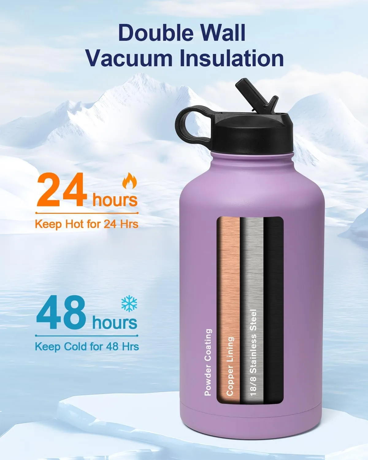 64oz Insulated Water Bottle with Paracord Handle, INSPI Half Gallon Stainless Steel Water Bottle with Straw, Sports Water Jug with Carry Pouch and Carabiner for School & Hiking, Keep Cold Hot, Purple