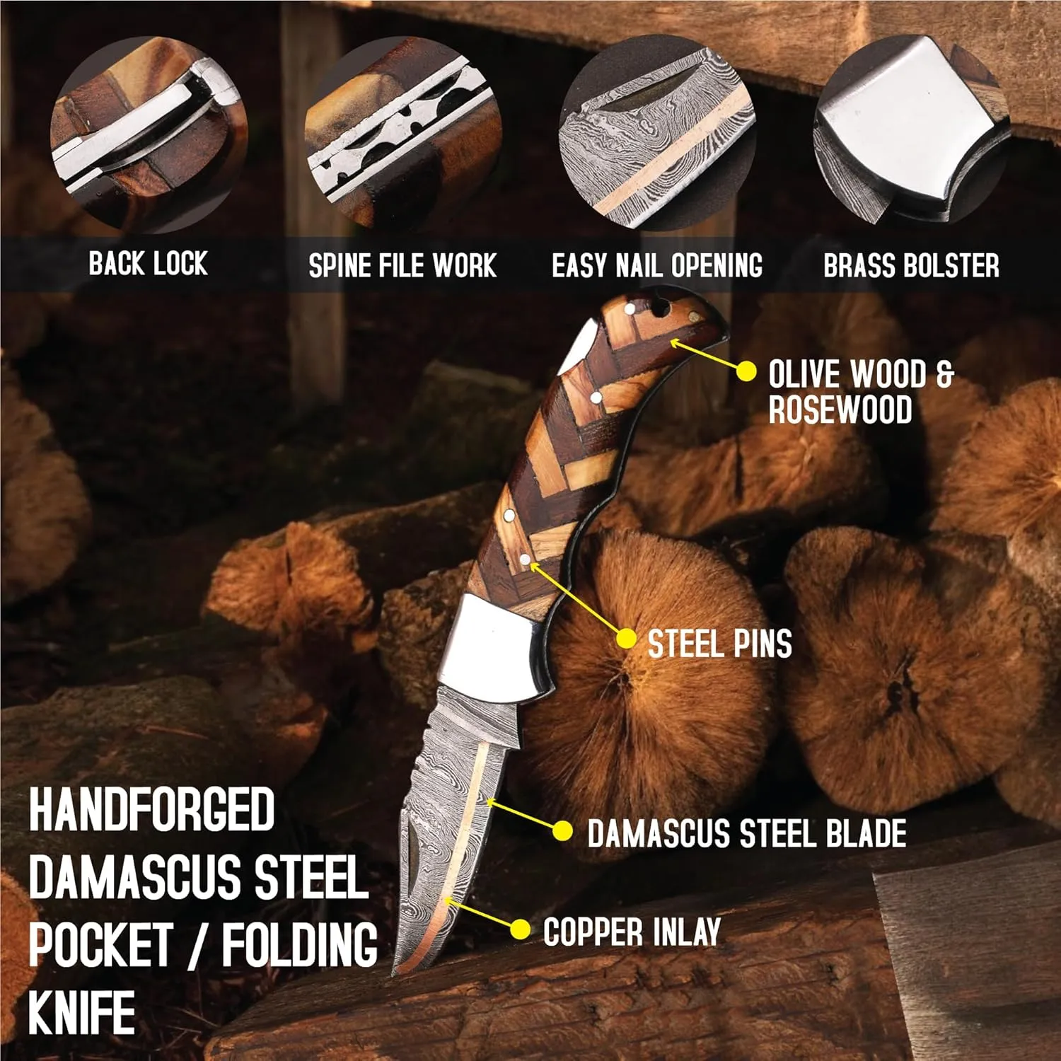 6.5 inch Damascus Pocket Knife with Sheath, Handmade Folding Pocket Knife for Men, Black-Red Wooden Handle with Brass Bolster, Secure Lock Back Camping Knife for EDC,Hunting,Hiking (Copper Damascus)