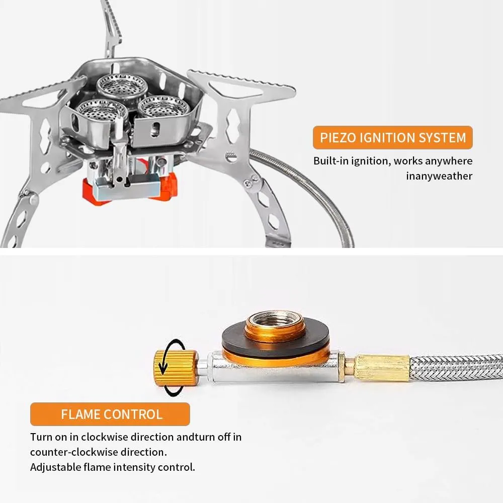 6800W Windproof Camp Stove, equipped with a fuel canister adapter, piezo ignition, and carry case, suitable for outdoor backpacking, hiking, and picnics (Stove converter A)