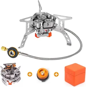 6800W Windproof Camp Stove, equipped with a fuel canister adapter, piezo ignition, and carry case, suitable for outdoor backpacking, hiking, and picnics (Stove converter A)