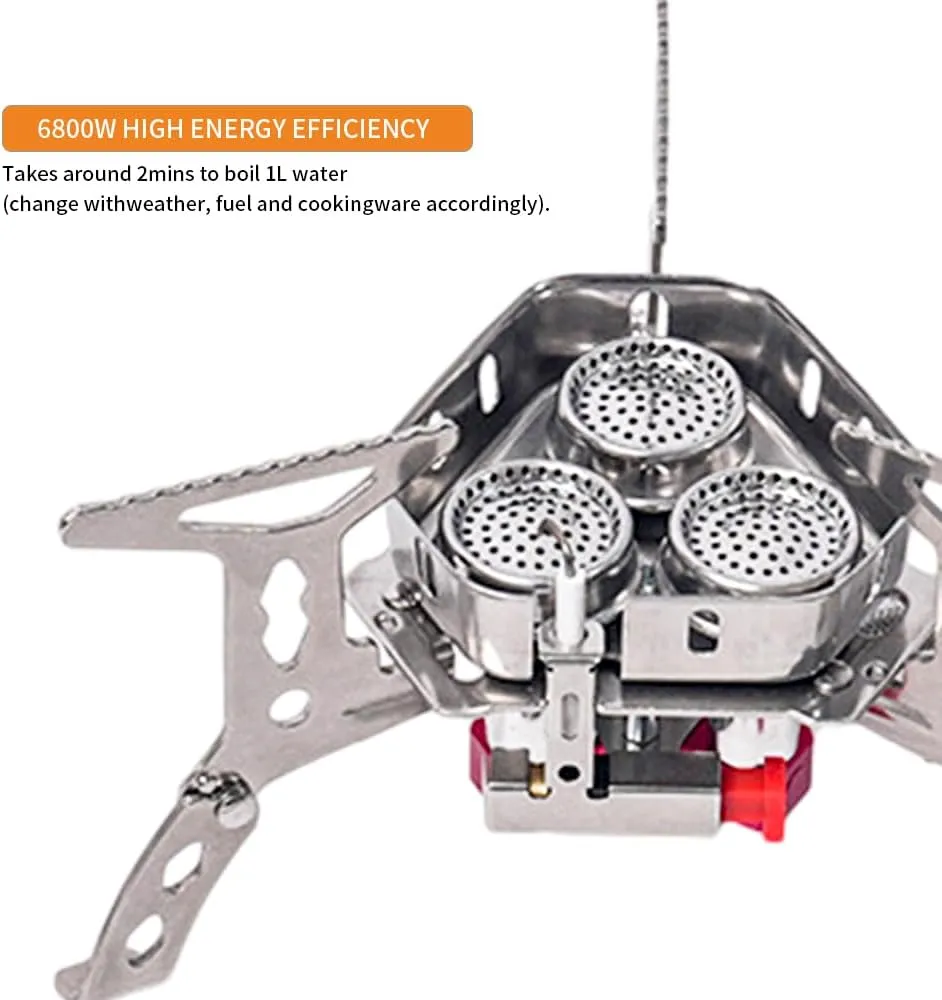 6800W Windproof Camp Stove, equipped with a fuel canister adapter, piezo ignition, and carry case, suitable for outdoor backpacking, hiking, and picnics (Stove converter A)