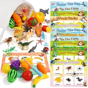 78 Pcs Sensory Toys for Kids with Autism, Montessori Toys for 3 Year Old, Learning Toys for Toddlers, Preschool Educational Matching Game, Dinosaurs Animals Farm Foods Fruits Sorting Playset