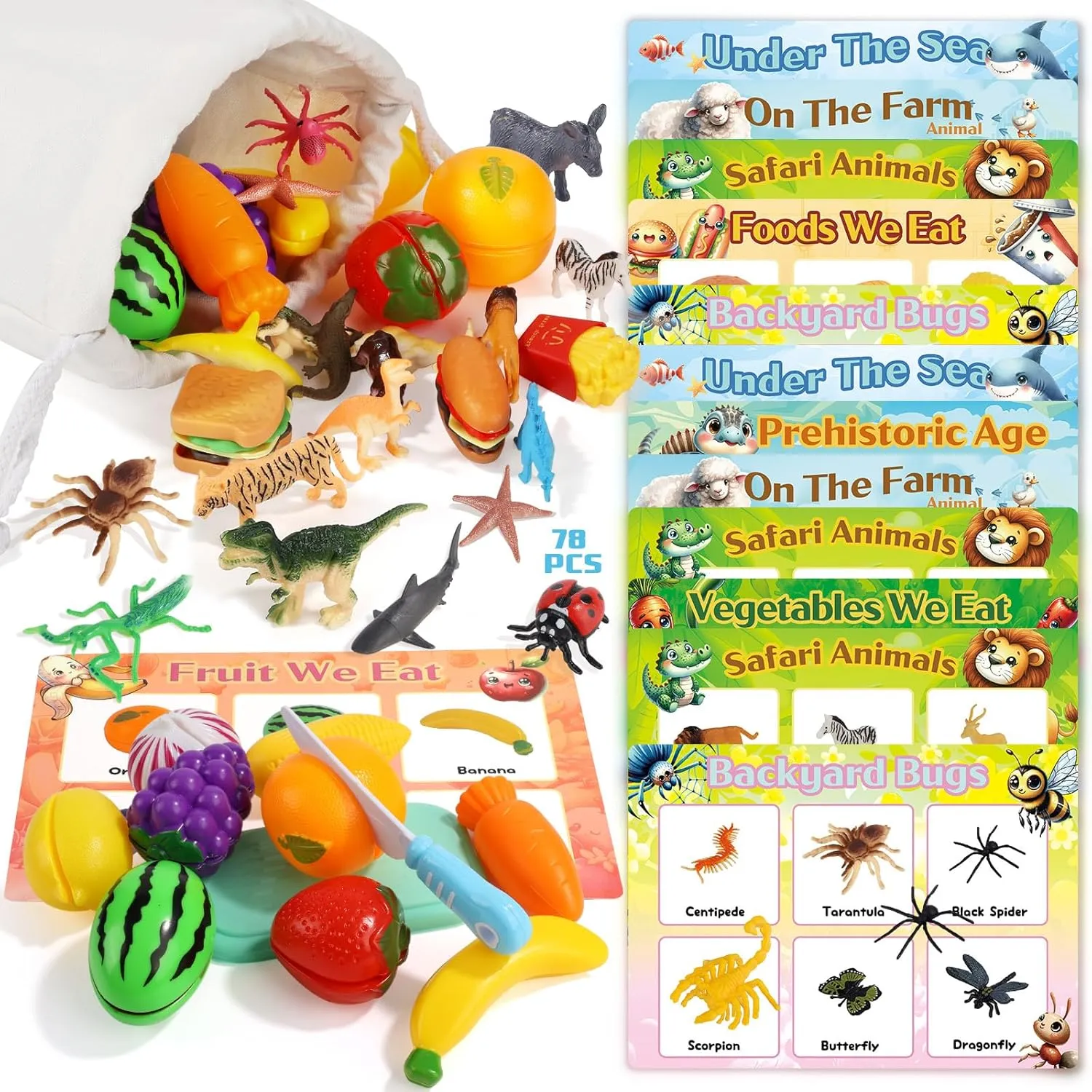 78 Pcs Sensory Toys for Kids with Autism, Montessori Toys for 3 Year Old, Learning Toys for Toddlers, Preschool Educational Matching Game, Dinosaurs Animals Farm Foods Fruits Sorting Playset
