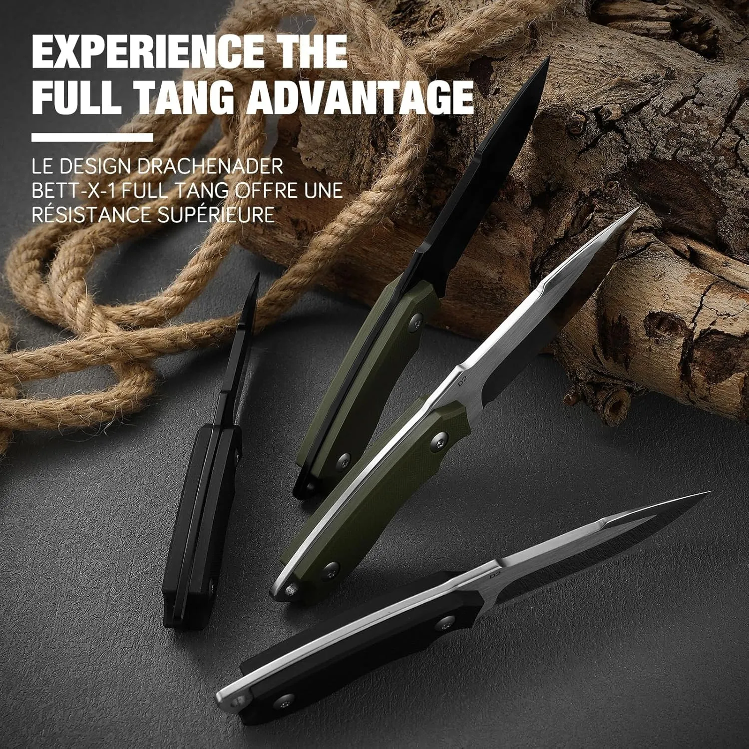 7" D2 Steel EDC Fixed Blade Knife, Versatile Carry with Kydex Sheath and G10 Handle (C- Black Balde   Black Handle)