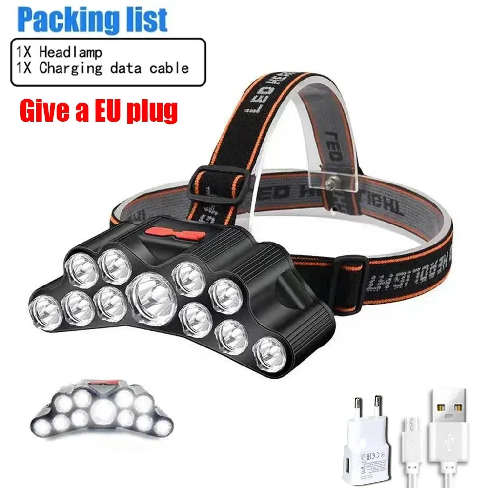 8 LED Powerful Rechargeable Head Flashlight, Lithium Battery, for Fishing, Camping, Hunting, and Hiking