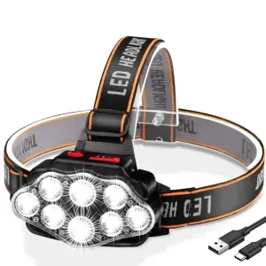 8 LED Powerful Rechargeable Head Flashlight, Lithium Battery, for Fishing, Camping, Hunting, and Hiking