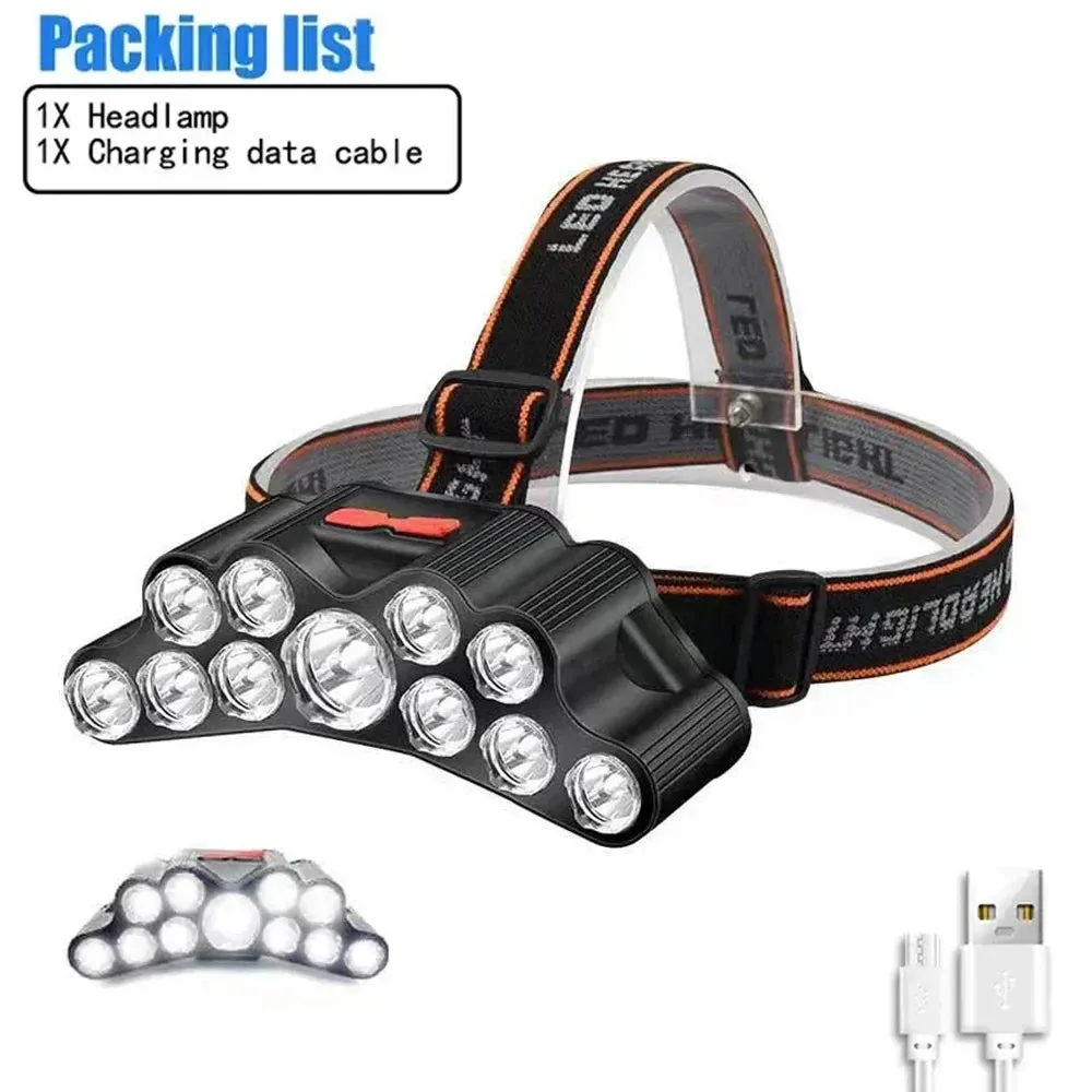 8 LED Powerful Rechargeable Head Flashlight, Lithium Battery, for Fishing, Camping, Hunting, and Hiking
