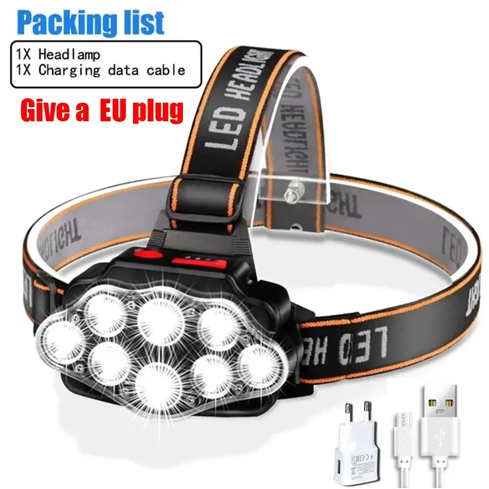 8 LED Powerful Rechargeable Head Flashlight, Lithium Battery, for Fishing, Camping, Hunting, and Hiking