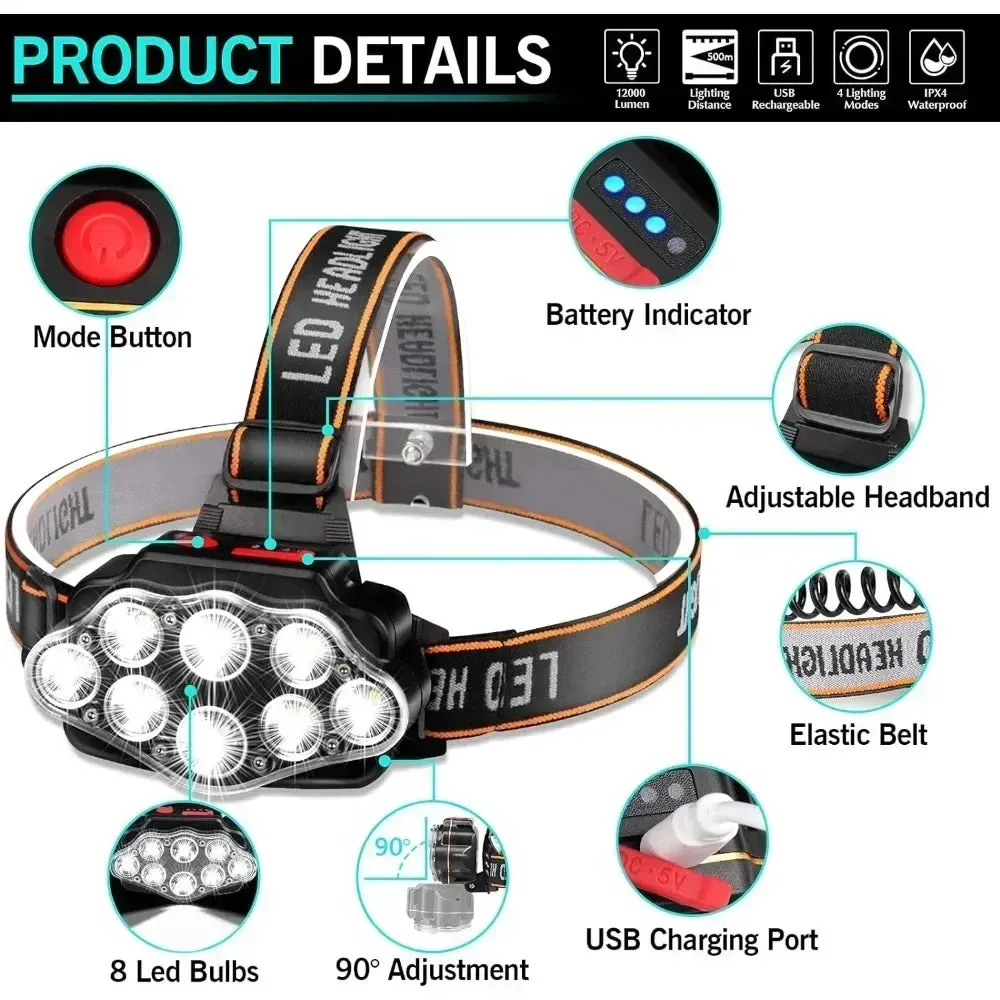8 LED Powerful Rechargeable Head Flashlight, Lithium Battery, for Fishing, Camping, Hunting, and Hiking