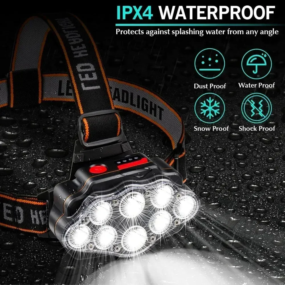8 LED Powerful Rechargeable Head Flashlight, Lithium Battery, for Fishing, Camping, Hunting, and Hiking
