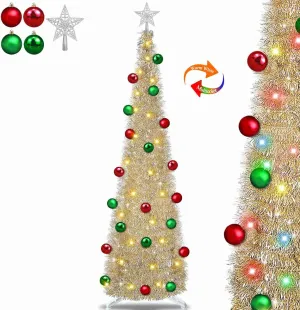 8 Modes - 6 Ft LED Artificial Pencil Silm Christmas Tree 30 Ball Ornament Timer 100 Warm White & Multicolored Lights 3D Star Sequins Pop Up Tree Battery Operated Xmas Decor Indoor, Champagne Gold