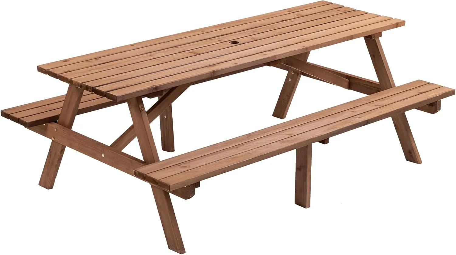 8 Person Brown Wooden PicTable, Outdoor Camping Dining Table with 2 Seats, Garden, DIY with 2 Built-in Benches, 2220lb Capacity
