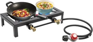 8000W Portable Double Burner Outdoor Gas Stove 2 Burners Propane BBQ Cooker w/Adjustable 0-10Psi Regulator Hose Table Gas Stove for Patio Camping Hiking Cooking(18.9x9.84x4.53in)