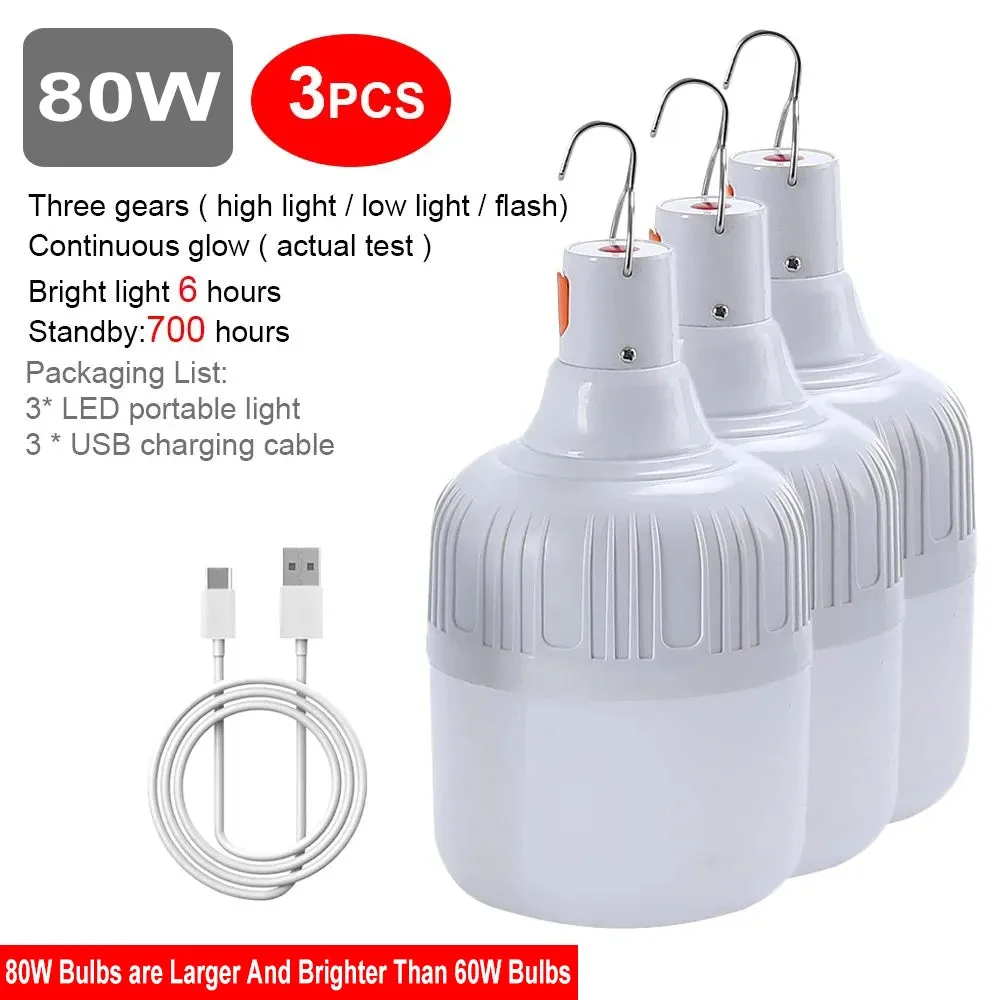 80W USB Rechargeable LED Emergency Lights - Portable Camping Lanterns for Outdoor Tents and Flashlight Use