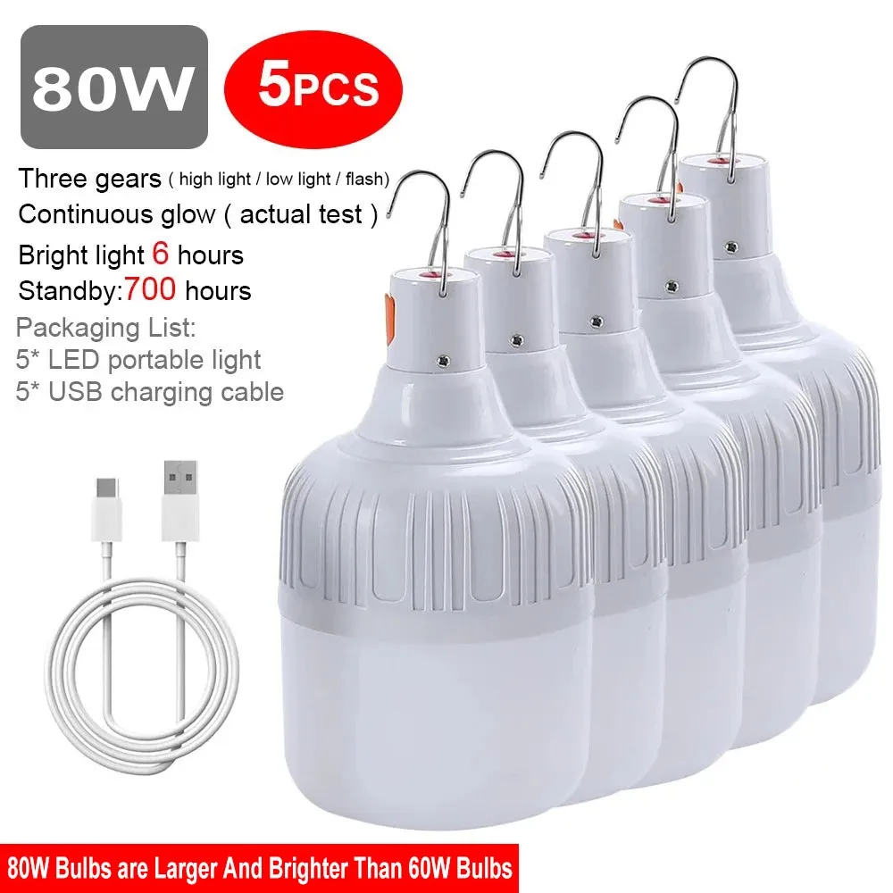 80W USB Rechargeable LED Emergency Lights - Portable Camping Lanterns for Outdoor Tents and Flashlight Use