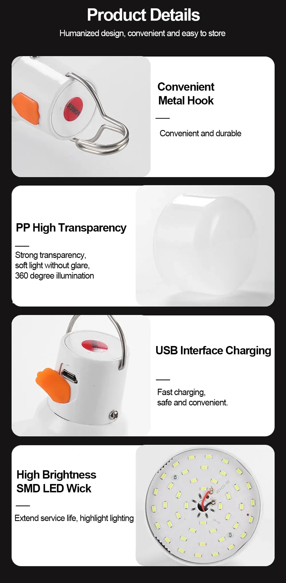 80W USB Rechargeable LED Emergency Lights - Portable Camping Lanterns for Outdoor Tents and Flashlight Use