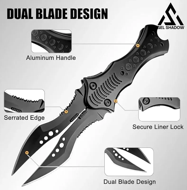 8.2" Unique Cool Double Blade Pocket Knife EDC Hiking Tools