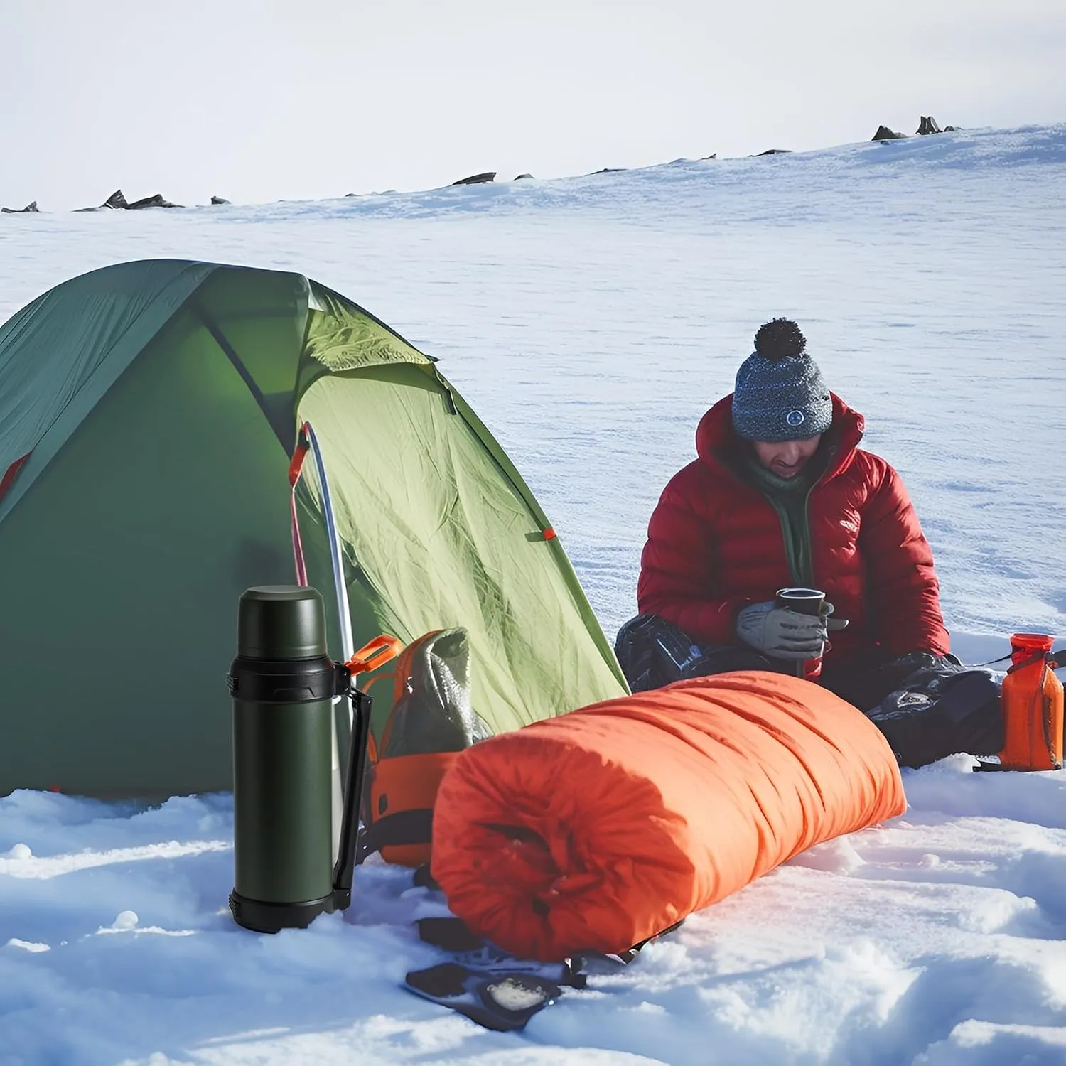 88oz Large Coffee Thermo for Travel, 2500ml Insulated Stainless Steel Water Bottle with Cup and Handle, Water Jug for 24hr Hot and Cold drinks, Vacuum Flask for Camping, Fishing & Working, Olive
