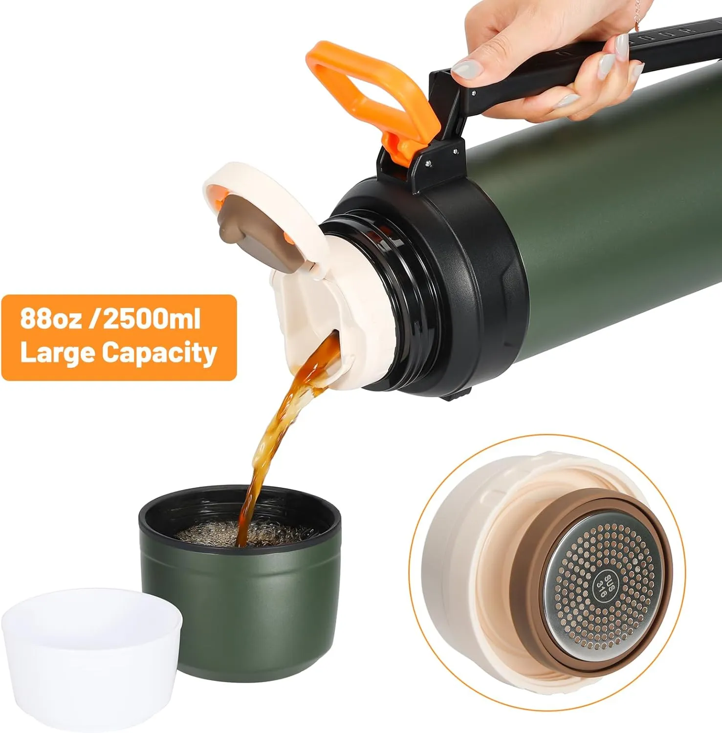 88oz Large Coffee Thermo for Travel, 2500ml Insulated Stainless Steel Water Bottle with Cup and Handle, Water Jug for 24hr Hot and Cold drinks, Vacuum Flask for Camping, Fishing & Working, Olive