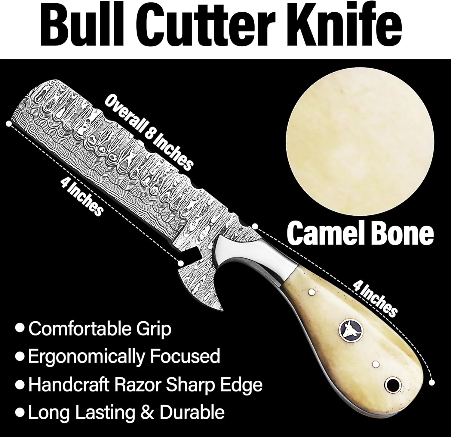 8" Handmade Damascus Bull Cutter Knife with Leather Sheath - Western Cowboy knife for Hunting, Skinning, Camping, and outdoor activities- Full Tang EDC knife with Bone
