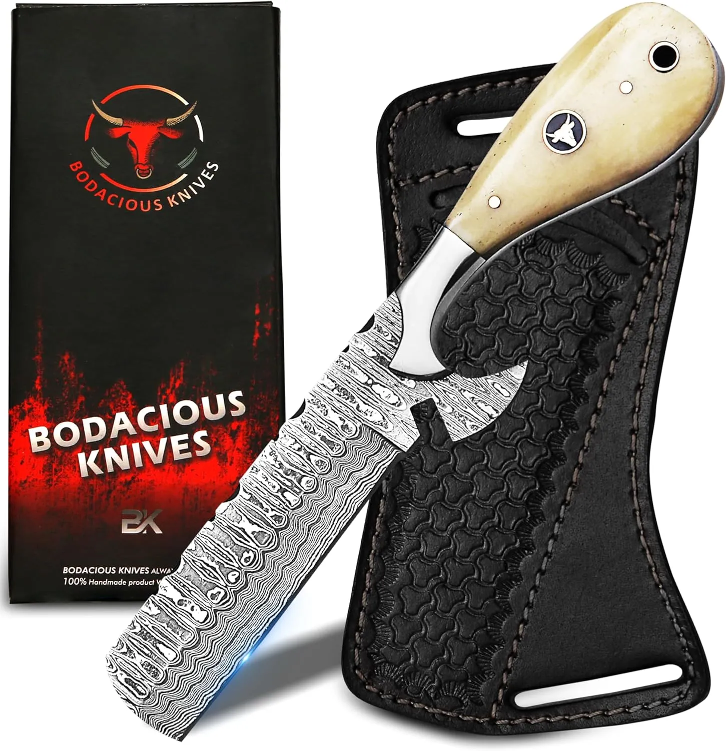 8" Handmade Damascus Bull Cutter Knife with Leather Sheath - Western Cowboy knife for Hunting, Skinning, Camping, and outdoor activities- Full Tang EDC knife with Bone
