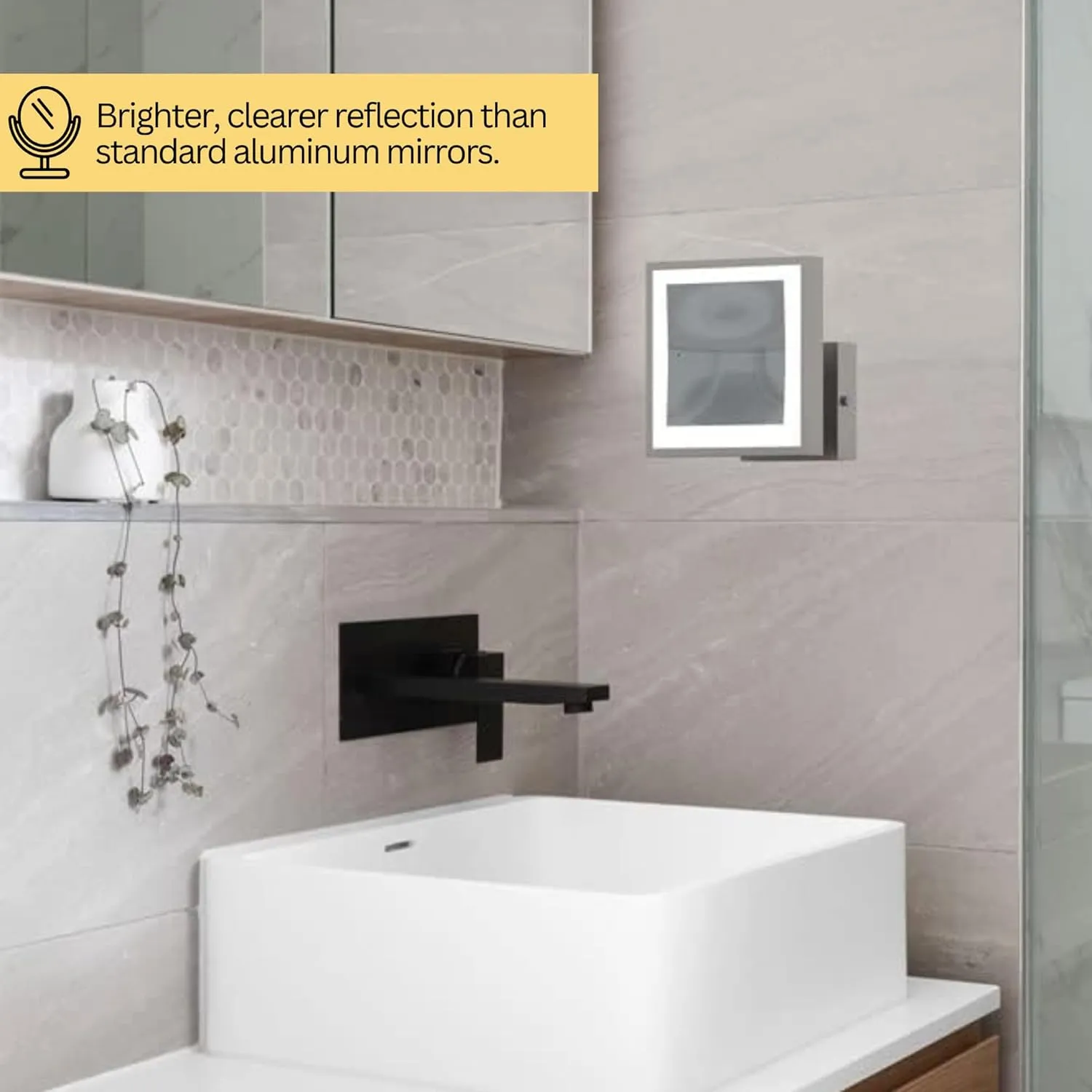 8" LED Square Mirror - 3X Magnification | Rechargeable - Cool Light | Makeup Mirror for Vanity, Bedroom, Bathroom | Illuminated LED Wall Vanity Mirror - Energy Efficient (Polished Nickel)