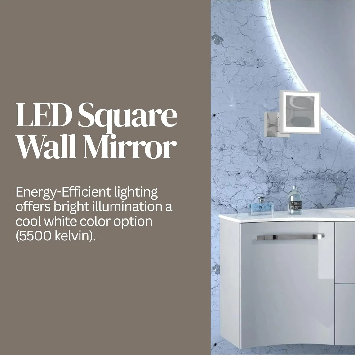 8" LED Square Mirror - 3X Magnification | Rechargeable - Cool Light | Makeup Mirror for Vanity, Bedroom, Bathroom | Illuminated LED Wall Vanity Mirror - Energy Efficient (Polished Nickel)