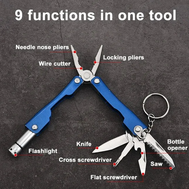 9 In 1 Multifunctional Foldable Pocket Pliers LED Lamp Flashlight Screwdriver Bottle Opener Outdoor Camping Portable Mini Pliers