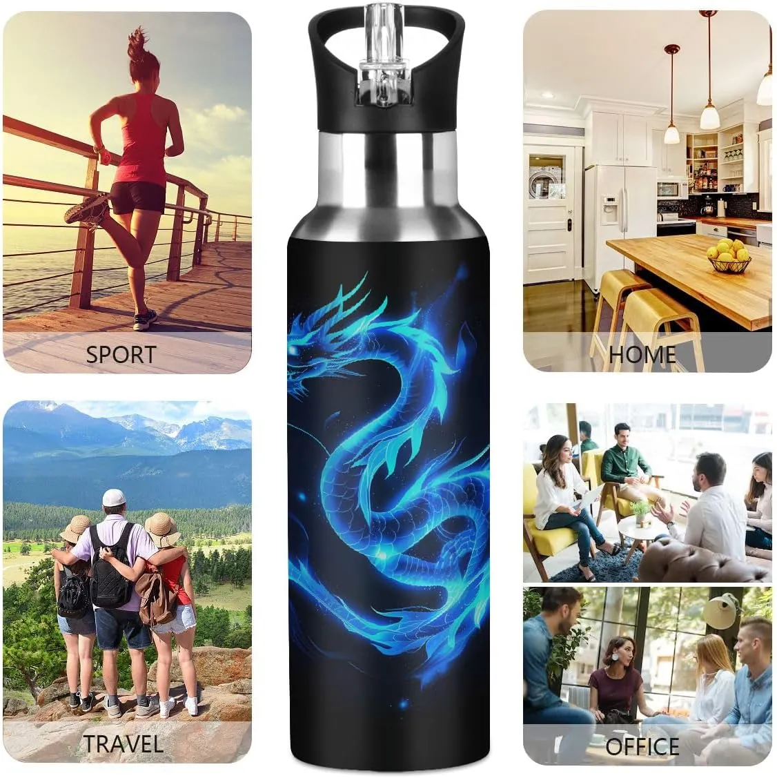 Abstract Blue Fire Dragon Water Bottle 20 oz Insulated Water Bottles with Straw Leakproof Vacuum Thermal Stainless Steel Water Bottle for Kids Adults