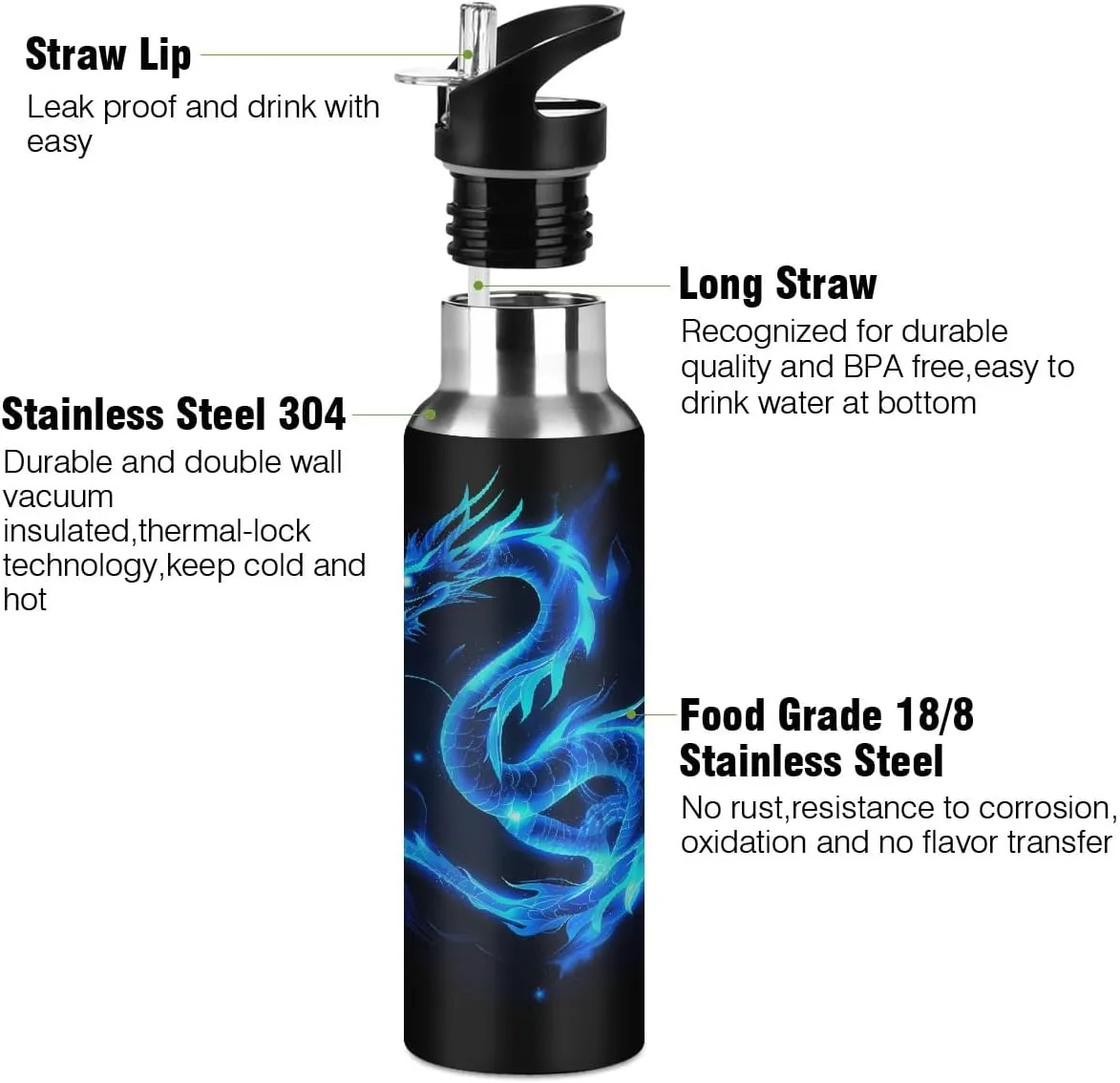 Abstract Blue Fire Dragon Water Bottle 20 oz Insulated Water Bottles with Straw Leakproof Vacuum Thermal Stainless Steel Water Bottle for Kids Adults