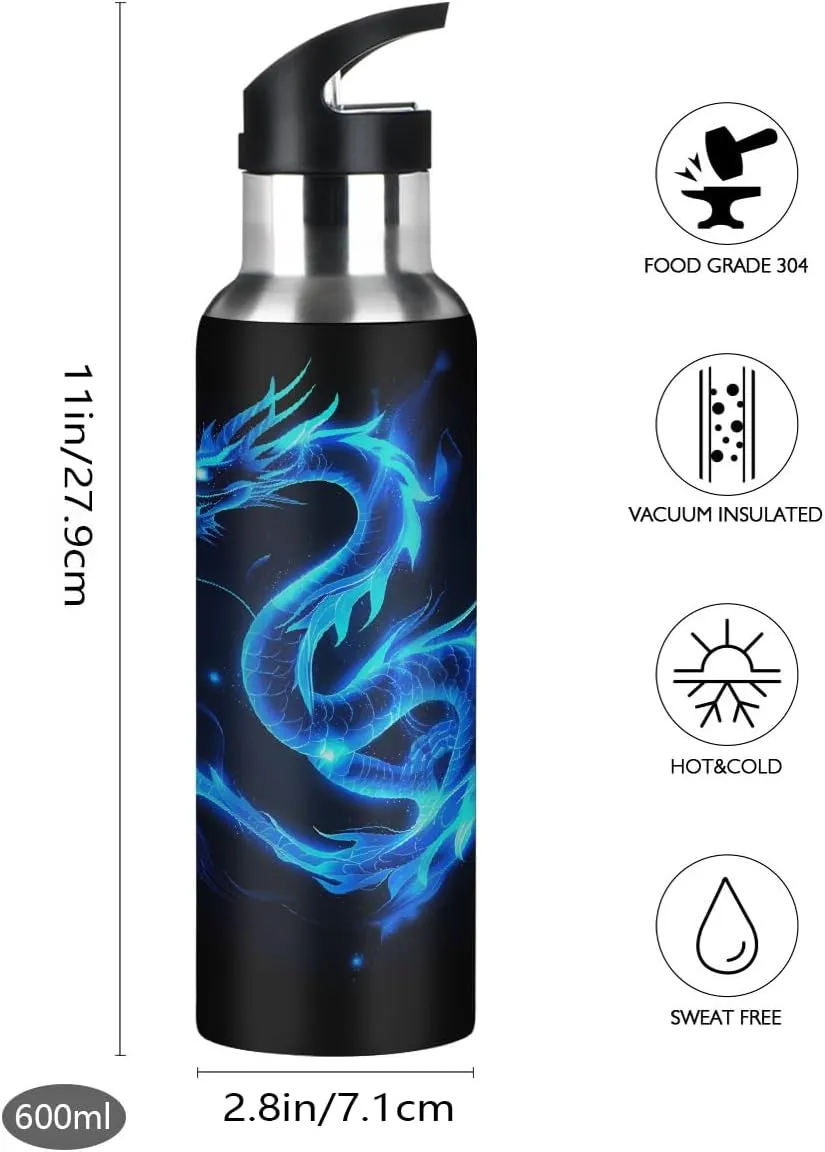 Abstract Blue Fire Dragon Water Bottle 20 oz Insulated Water Bottles with Straw Leakproof Vacuum Thermal Stainless Steel Water Bottle for Kids Adults