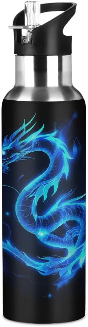 Abstract Blue Fire Dragon Water Bottle 20 oz Insulated Water Bottles with Straw Leakproof Vacuum Thermal Stainless Steel Water Bottle for Kids Adults