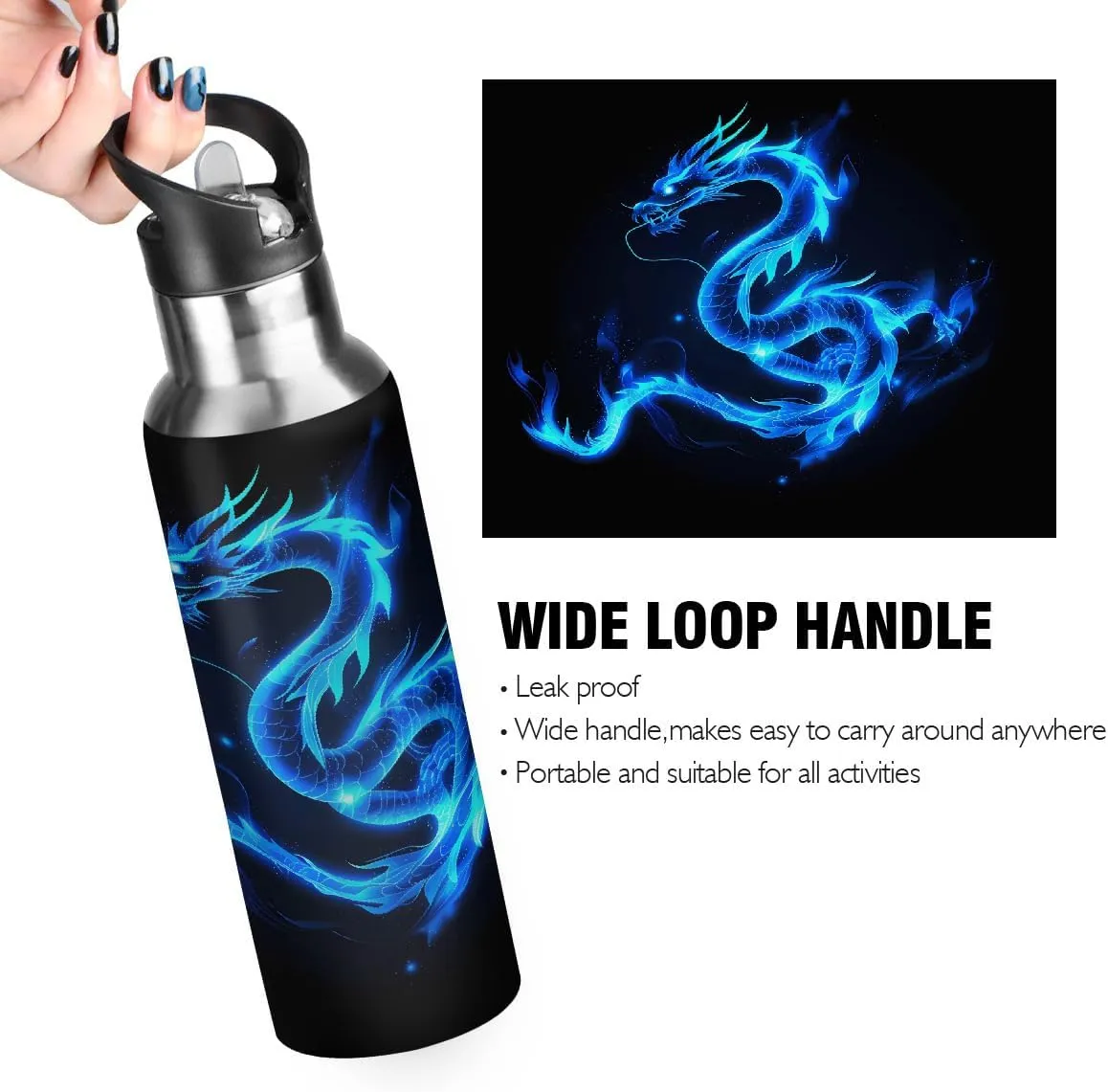 Abstract Blue Fire Dragon Water Bottle 20 oz Insulated Water Bottles with Straw Leakproof Vacuum Thermal Stainless Steel Water Bottle for Kids Adults