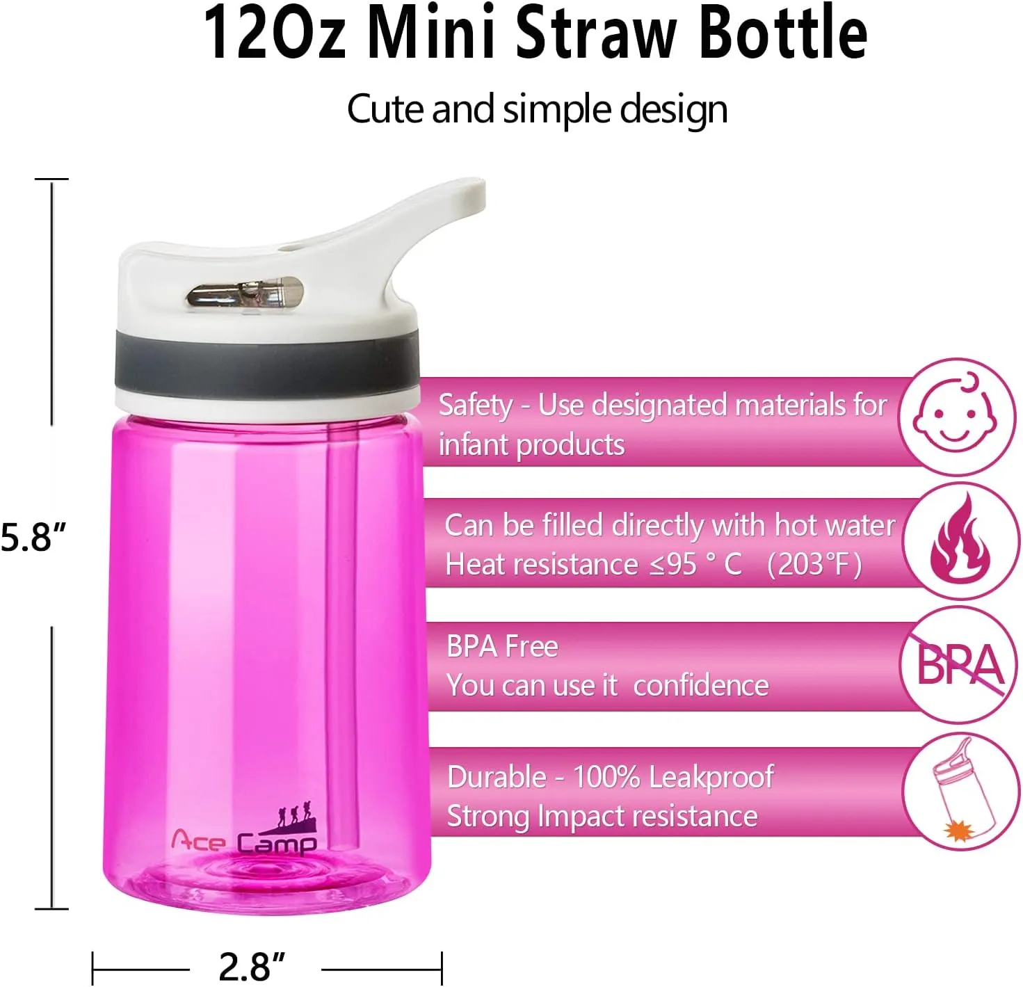 AceCamp 12oz Small Water Bottle 2 Pack with Straw for Kids and Adults BPA Free Tritan Sports Fitness Bottle Leak-Proof Durable Pink 2pcs