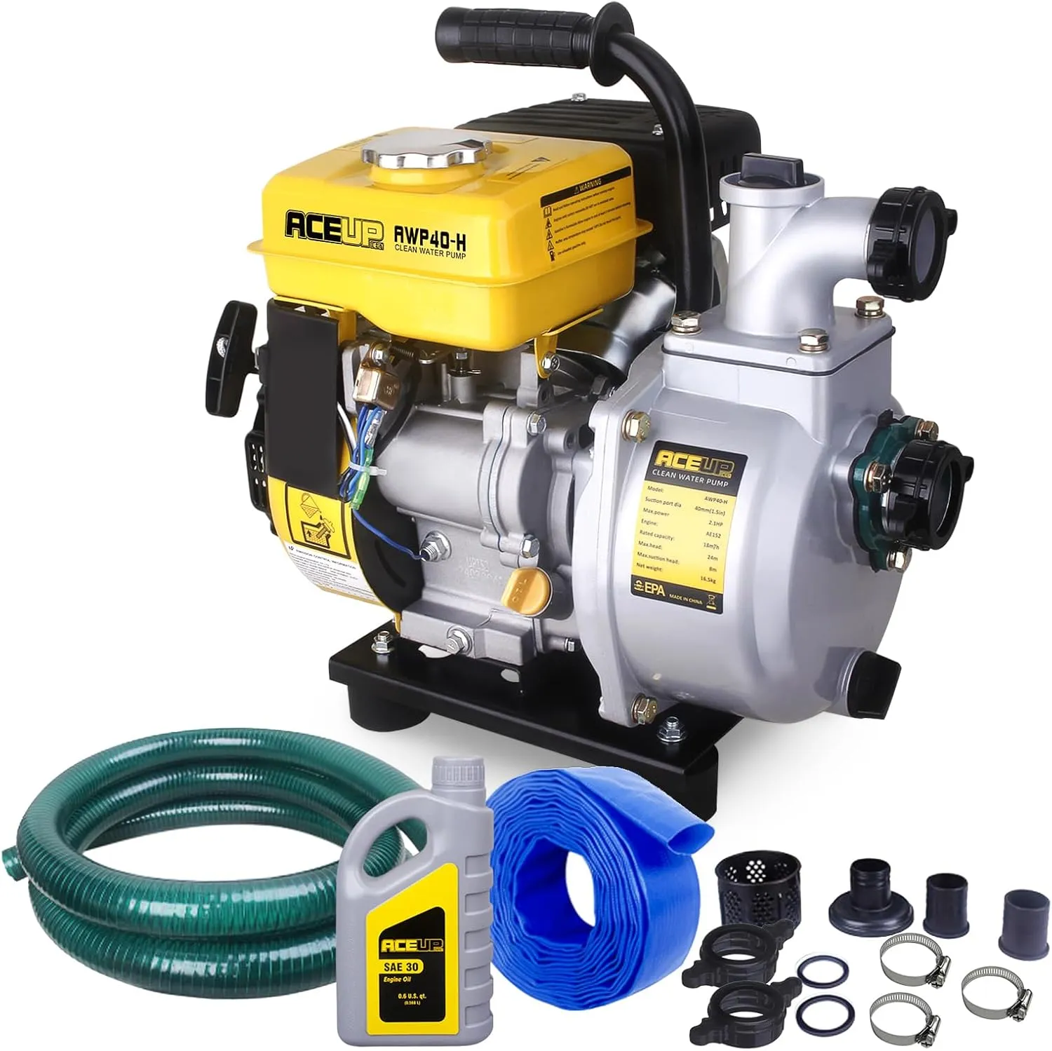 Aceup Energy Gas Water Pump 1.5-Inch with Hose, 79 GPM 79.8cc 2.1 HP Gas Powered Water Pum, Lightweight, EPA Certified