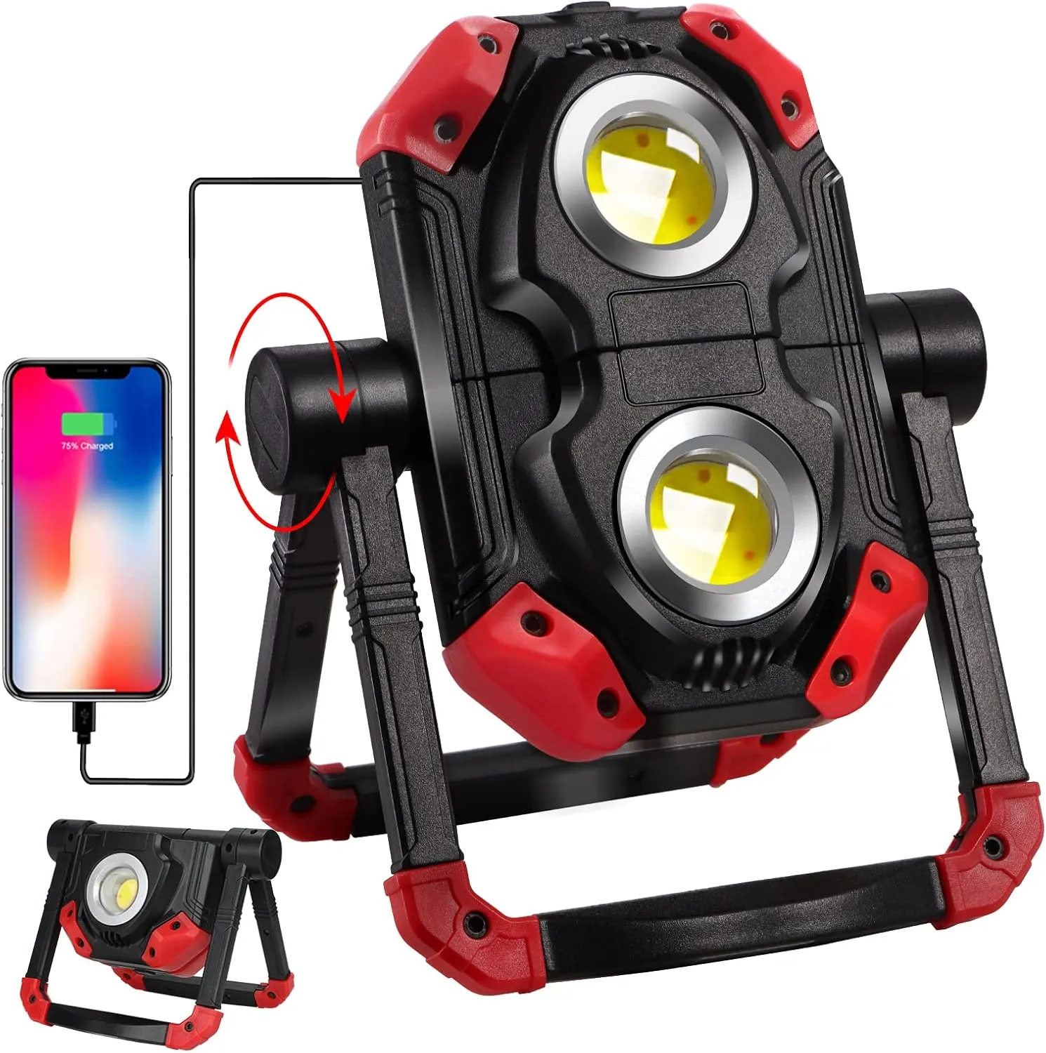 Adelante Rechargeable LED Work Light with Magnetic Bases, 2500LM 6500K 12 Hours Long Lasting, Mobile Charger, 360°Rotating Stand Waterproof USB Portable Flood Light for Mechanics, Repairing