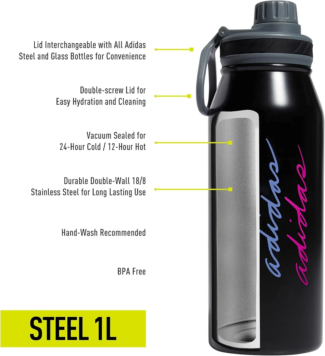adidas 1 Liter (32 oz) Metal Water Bottle, Hot/Cold Double-Walled Insulated 18/8 Stainless Steel, Black/Pulse Mint Green/Blue Fusion, 32 Ounces
