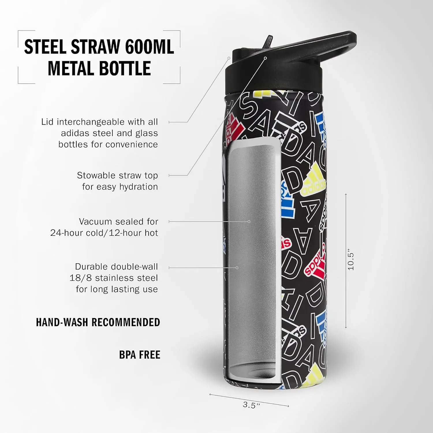 adidas 600 ML (20 oz) Straw Top Metal Water Bottle, Hot/Cold Double-Walled Insulated 18/8 Stainless Steel