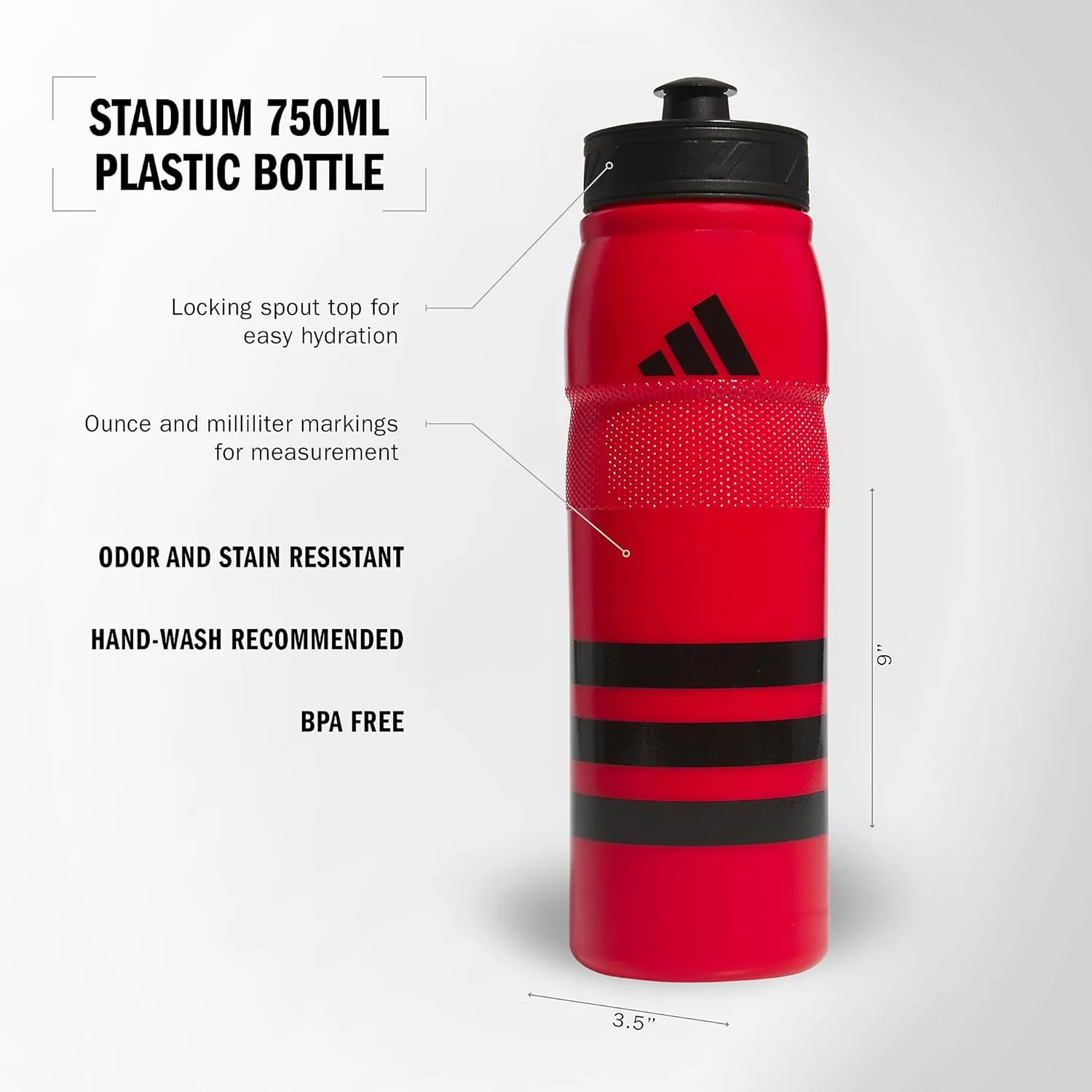adidas 750 ML (28 oz) Stadium Refillable Plastic Sport Water Bottle, Scarlet, One Size