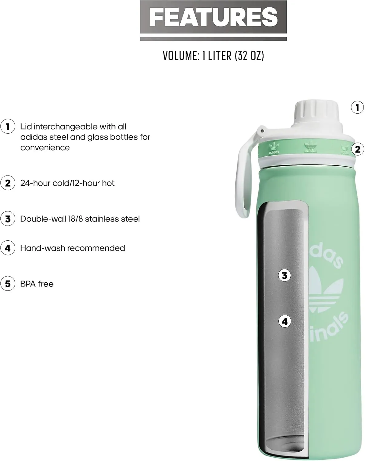 adidas Originals 600 ML (20 oz) Metal Water Bottle, Hot/Cold Double-Walled Insulated 18/8 Stainless Steel