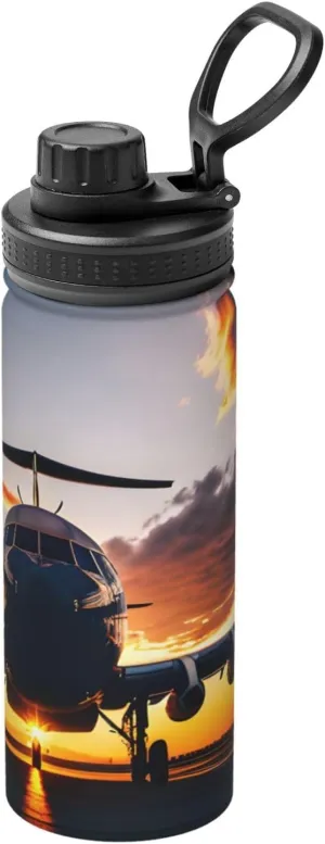 Aircraft Plane at Sunset Sports Insulated Water Bottle - Premium 18 oz. Stainless Steel Hydration Bottle for Outdoor Enthusiasts