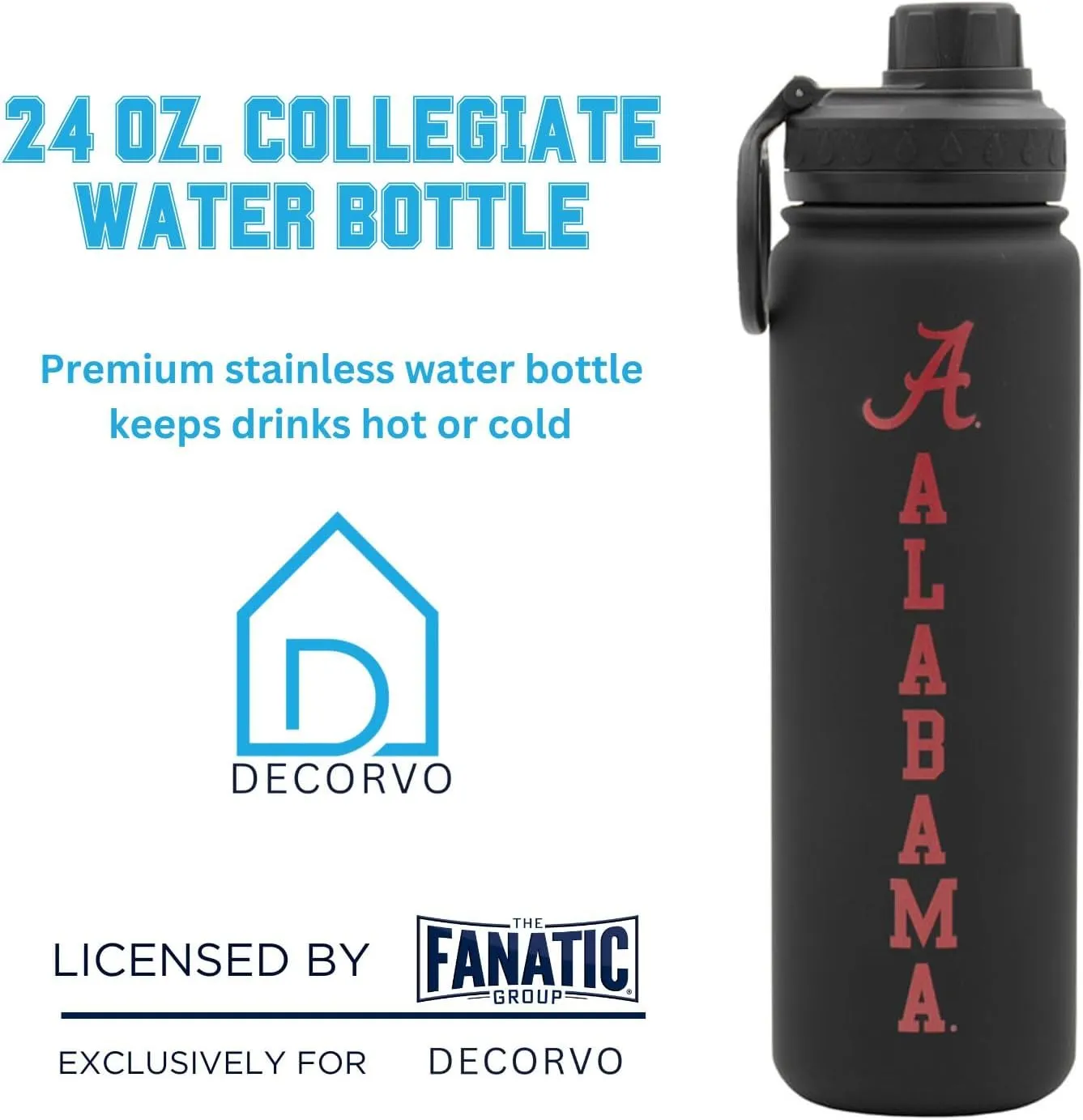 Alabama Water Bottle - Black Double Walled Stainless Steel 24 oz Keeps Drinks Cold or Hot