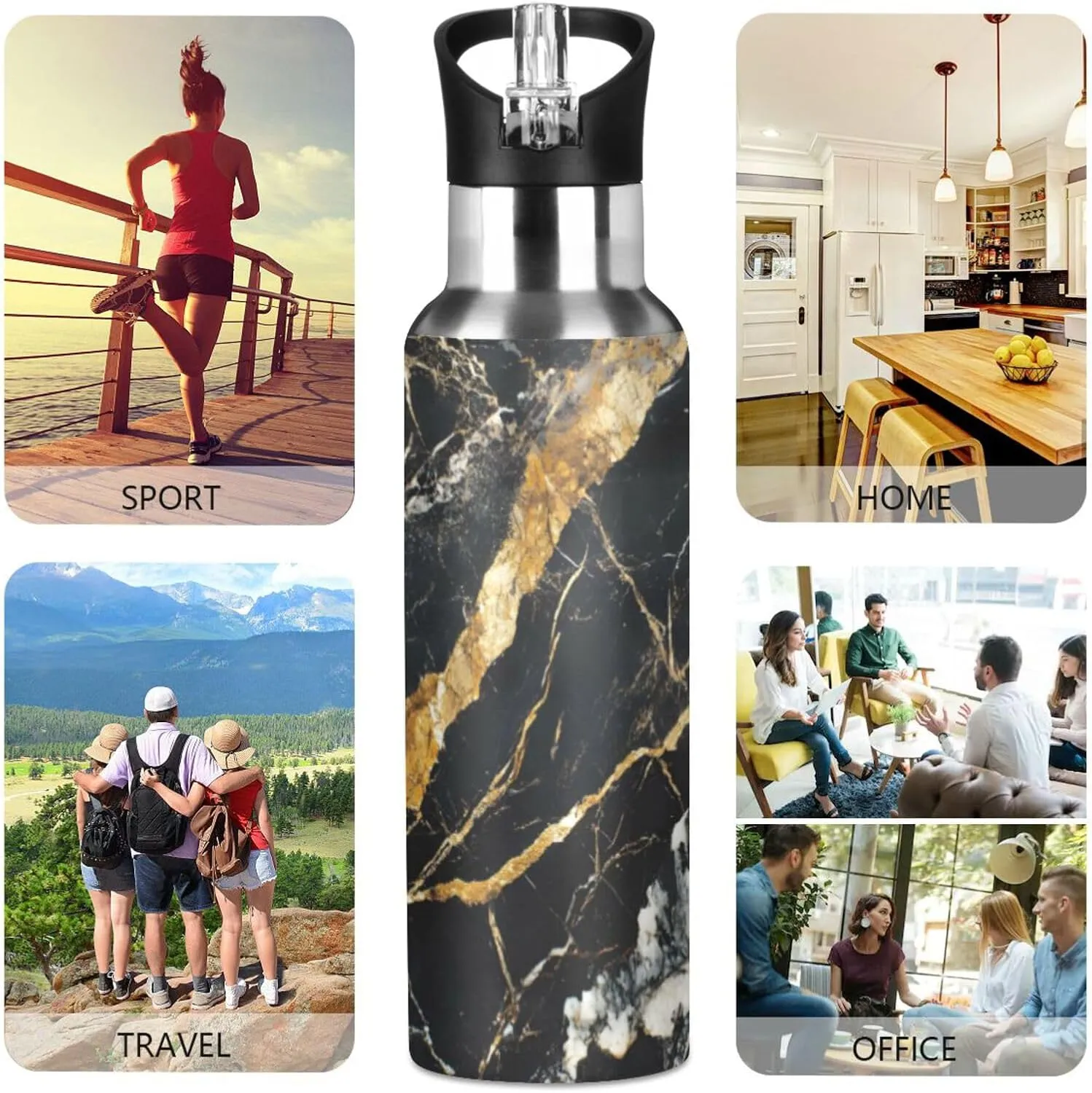 ALAZA Black Gold Marble Water Bottle with Straw Lid Vacuum Insulated Stainless Steel Thermo Flask Water Bottle 32oz