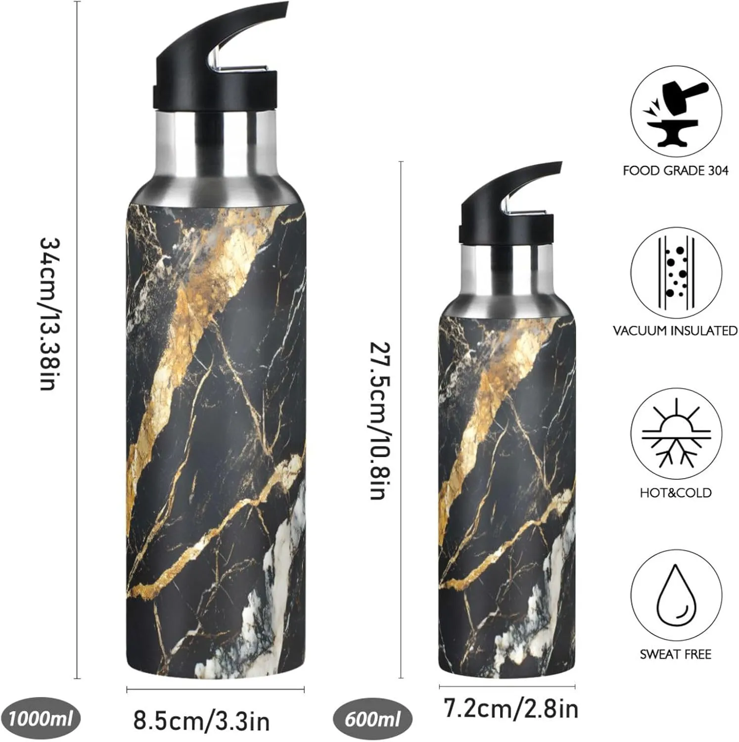 ALAZA Black Gold Marble Water Bottle with Straw Lid Vacuum Insulated Stainless Steel Thermo Flask Water Bottle 32oz